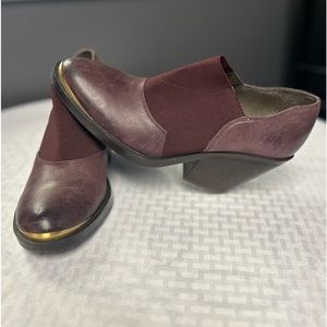 NAYA {9} Ankle Booties in Merlot / Purple with Gold Banding & Chunky Block Heel